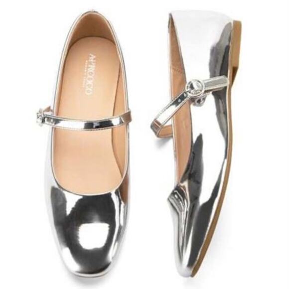 arpcoco Shoes - AprCoco Women's Shiny Silver Mary Jane Ballet Flat Square Toe Women Shoe Size 8